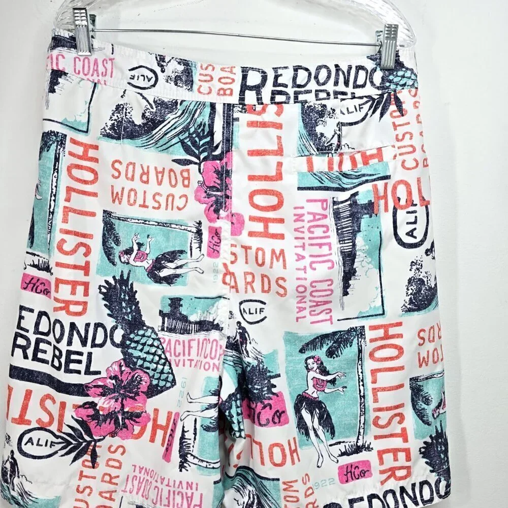 Hollister Off White Comic Hawaiian Girl Hula Stamp Swim Board Shorts